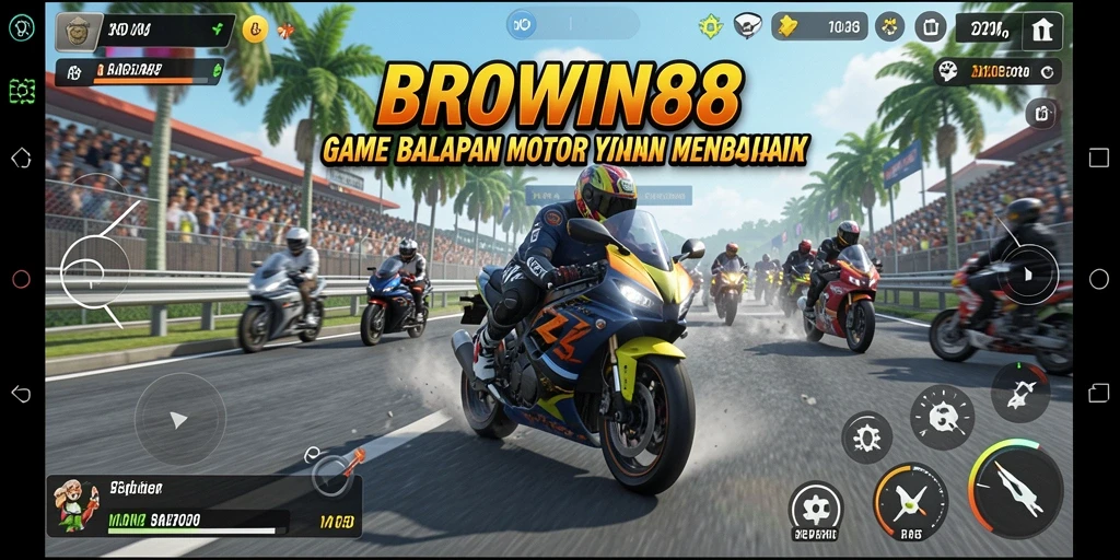 Screenshot utama BROWIN88 menunjukkan aksi balapan motor yang mendebarkan.