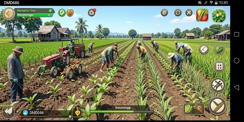 Screenshot gameplay DMD686 menampilkan ladang yang hijau dan tanaman yang subur.