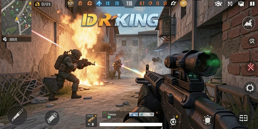 Screenshot gameplay IDRKING menampilkan aksi tembak-menembak yang intens.