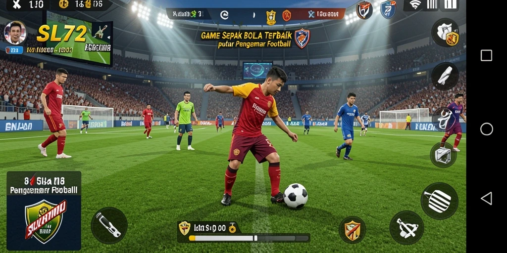 Screenshot gameplay SL72 menampilkan aksi seru di lapangan sepak bola.