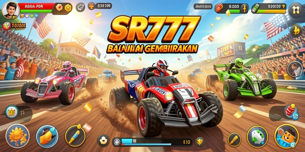 Tangkapan layar SR777 menampilkan balapan intens dengan mobil-mobil keren.