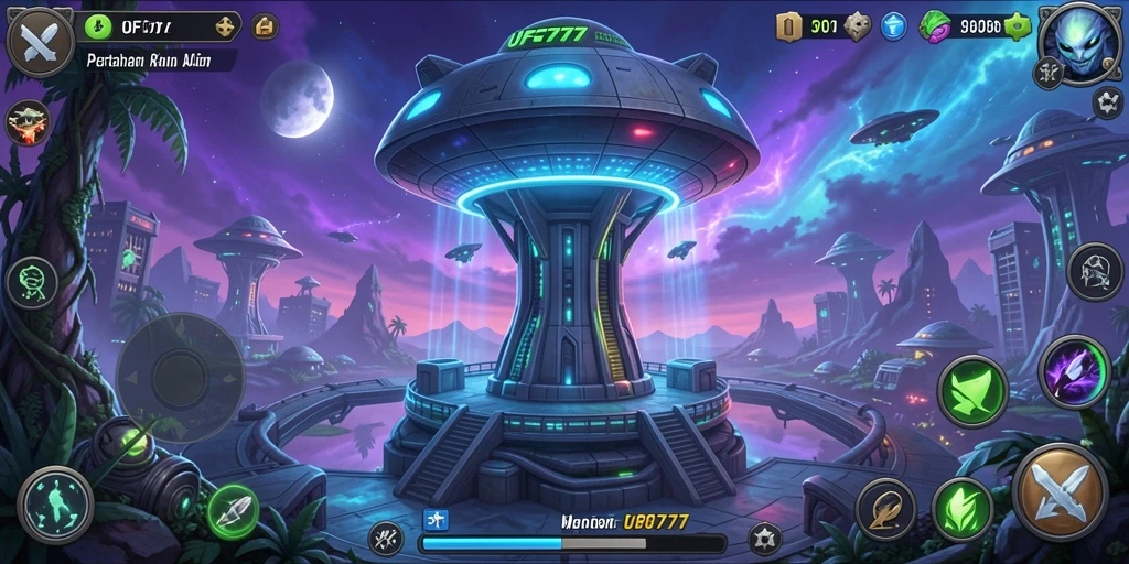 Tampilan menarik dari gameplay Tower Defense UFO777.